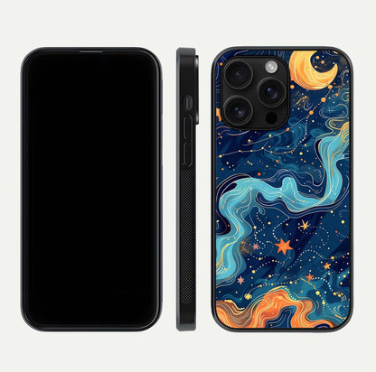 Celestial Dream Flow Glass Case for iPhone 16 Pro Max dual-view layout showing abstract flow and curved glass