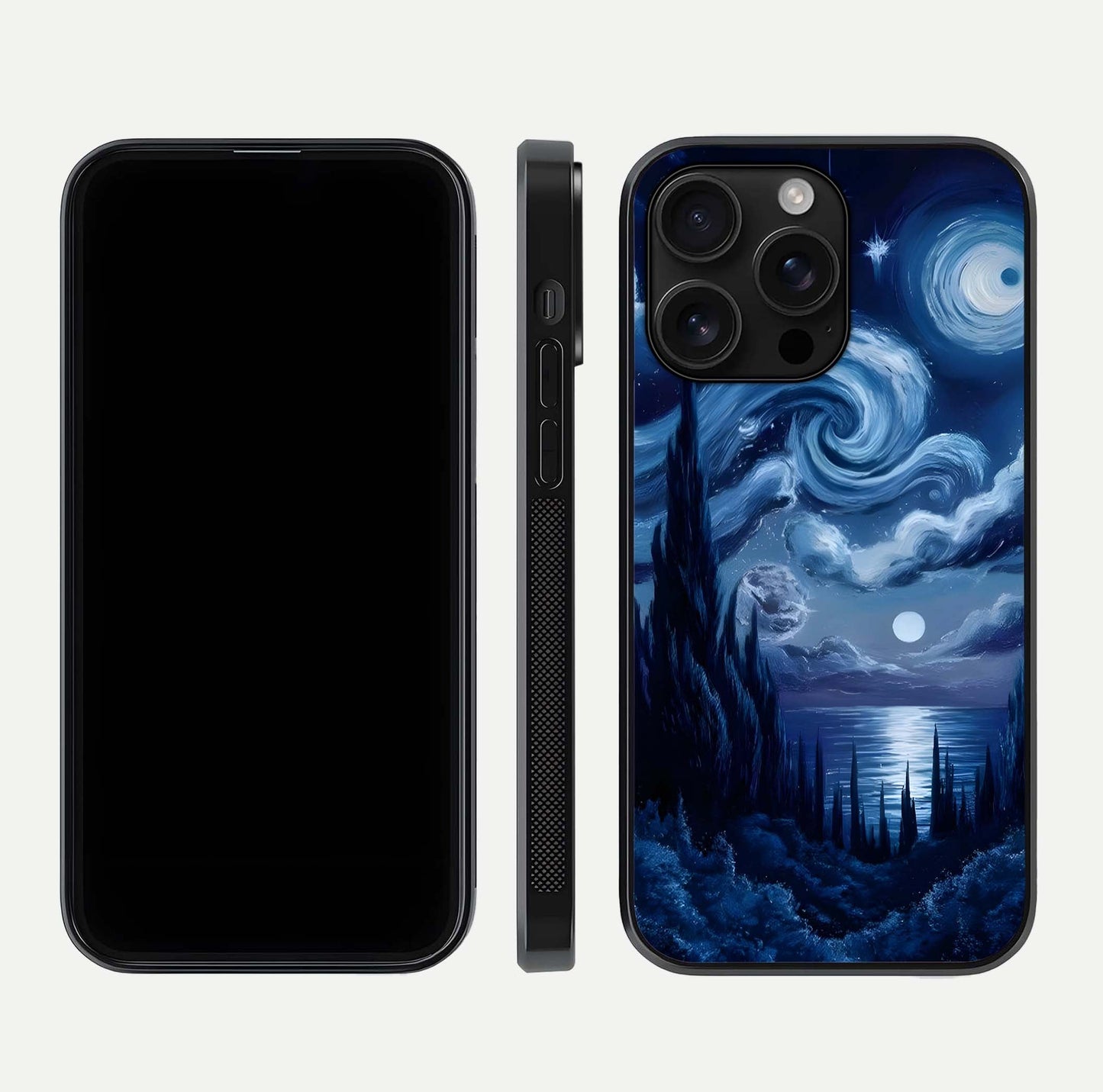 Celestial Dream Van Gogh Glass Case for iPhone 16 Pro Max dual-view layout displaying art texture and glass polish