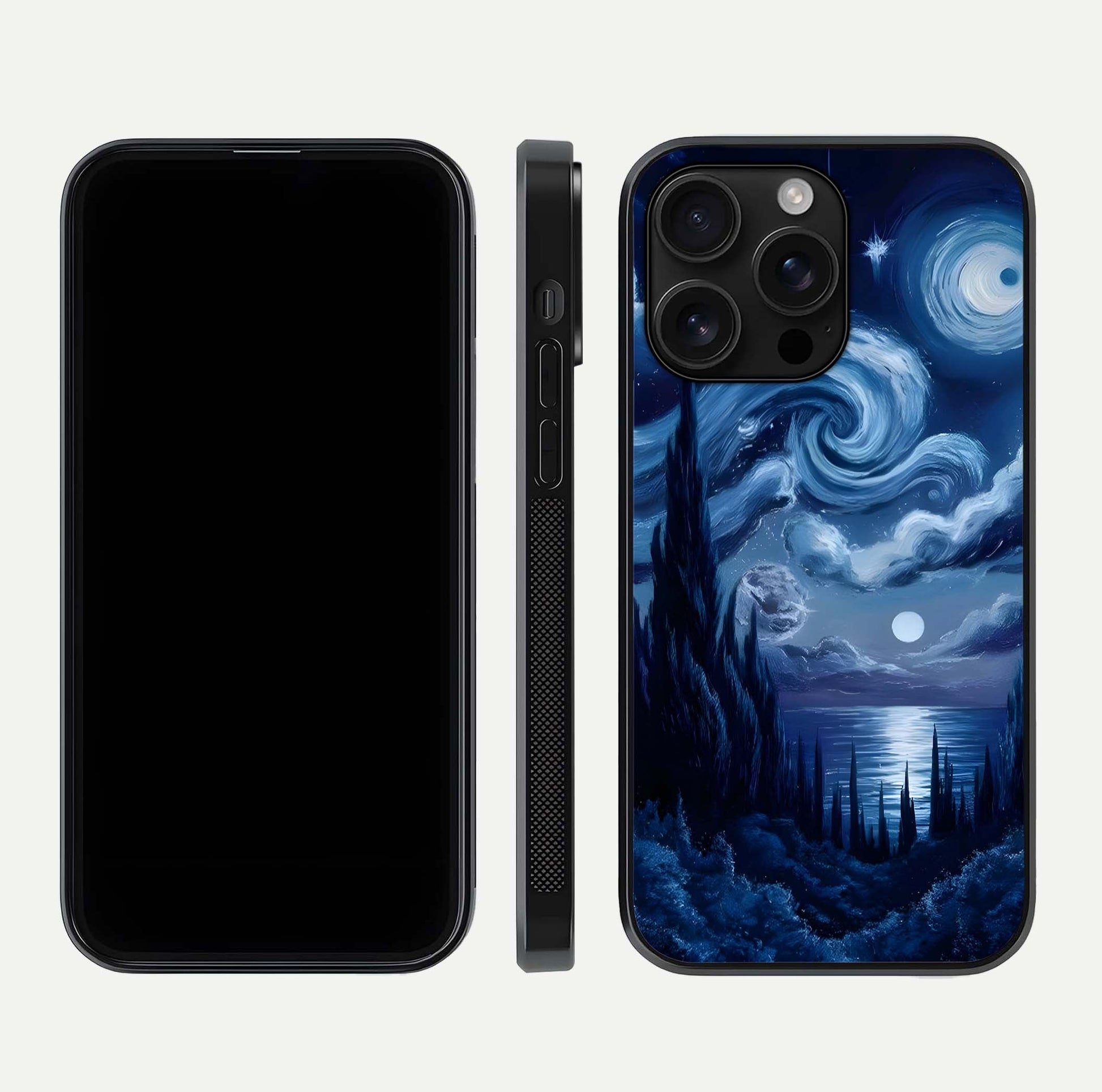 Celestial Dream Van Gogh Glass Case for iPhone 16 Pro Max dual-view layout displaying art texture and glass polish