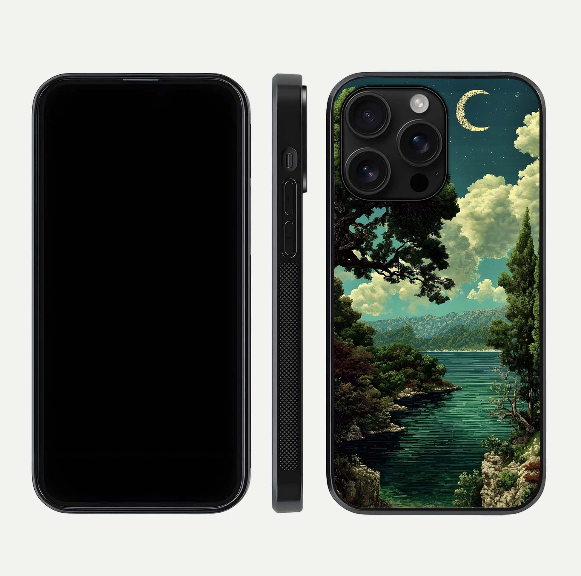 Celestial Lake Peace Glass Case for iPhone 16 Pro Max dual-view layout showing soft hues and HD shine