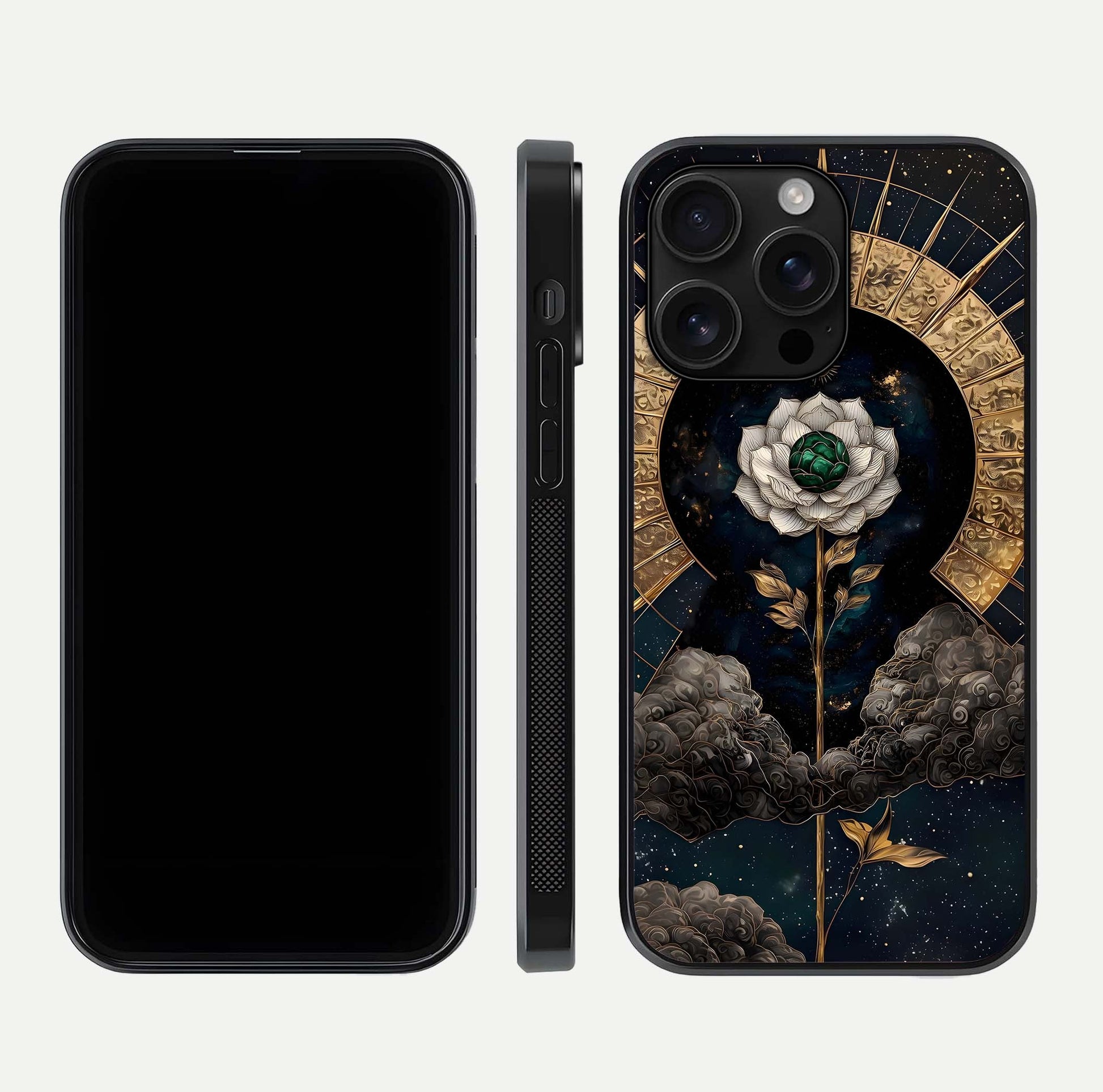 Celestial Lotus Morang Glass Case for iPhone 16 Pro Max dual-view layout displaying floral symmetry and polished edges