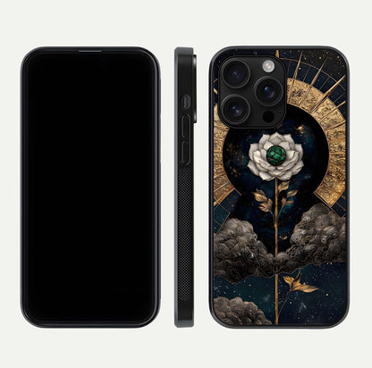 Celestial Lotus Morang Glass Case for iPhone 16 Pro Max dual-view layout displaying floral symmetry and polished edges