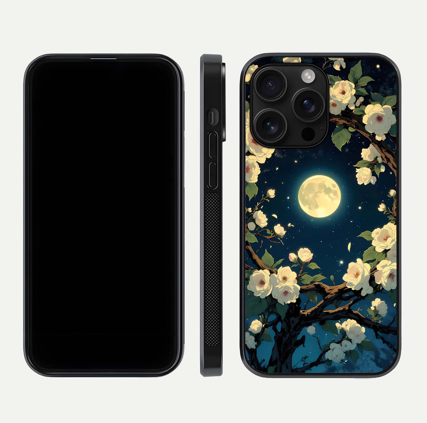 Celestial Moon & Flower Glass Case for iPhone 16 Pro Max dual-view layout showing balanced lunar art and gloss tone