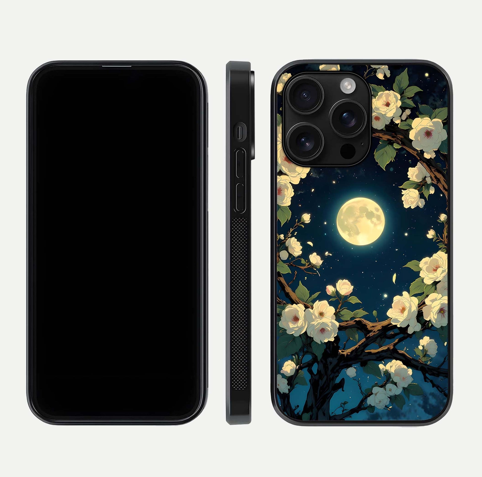Celestial Moon & Flower Glass Case for iPhone 16 Pro Max dual-view layout showing balanced lunar art and gloss tone