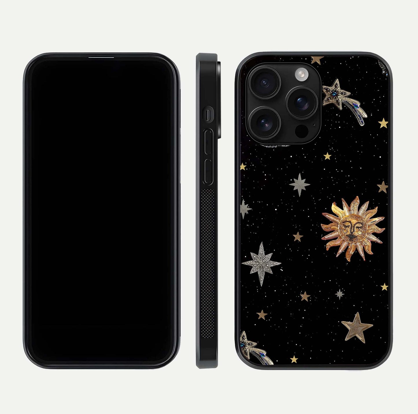 Celestial Moon With Stars Glass Case for iPhone 16 Pro Max front-and-back layout displaying lunar art and premium finish