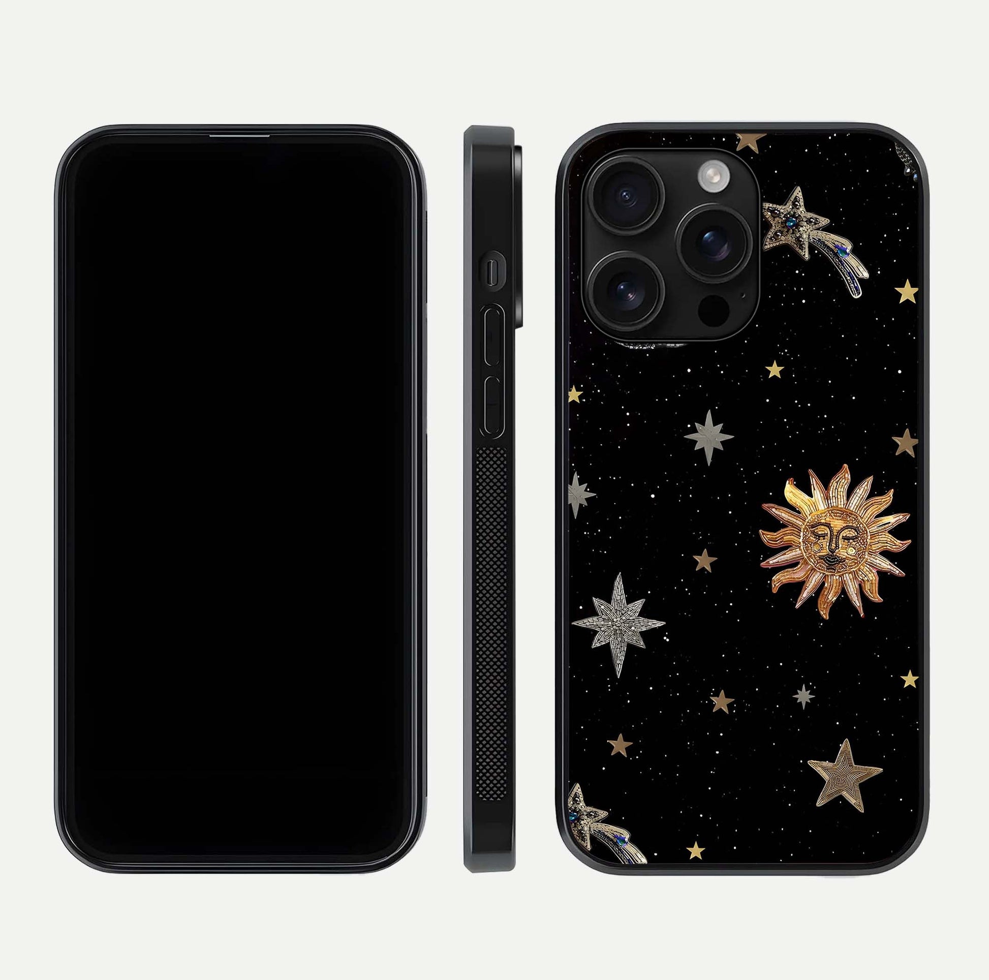 Celestial Moon With Stars Glass Case for iPhone 16 Pro Max front-and-back layout displaying lunar art and premium finish