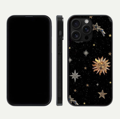 Celestial Moon With Stars Glass Case for iPhone 16 Pro Max front-and-back layout displaying lunar art and premium finish