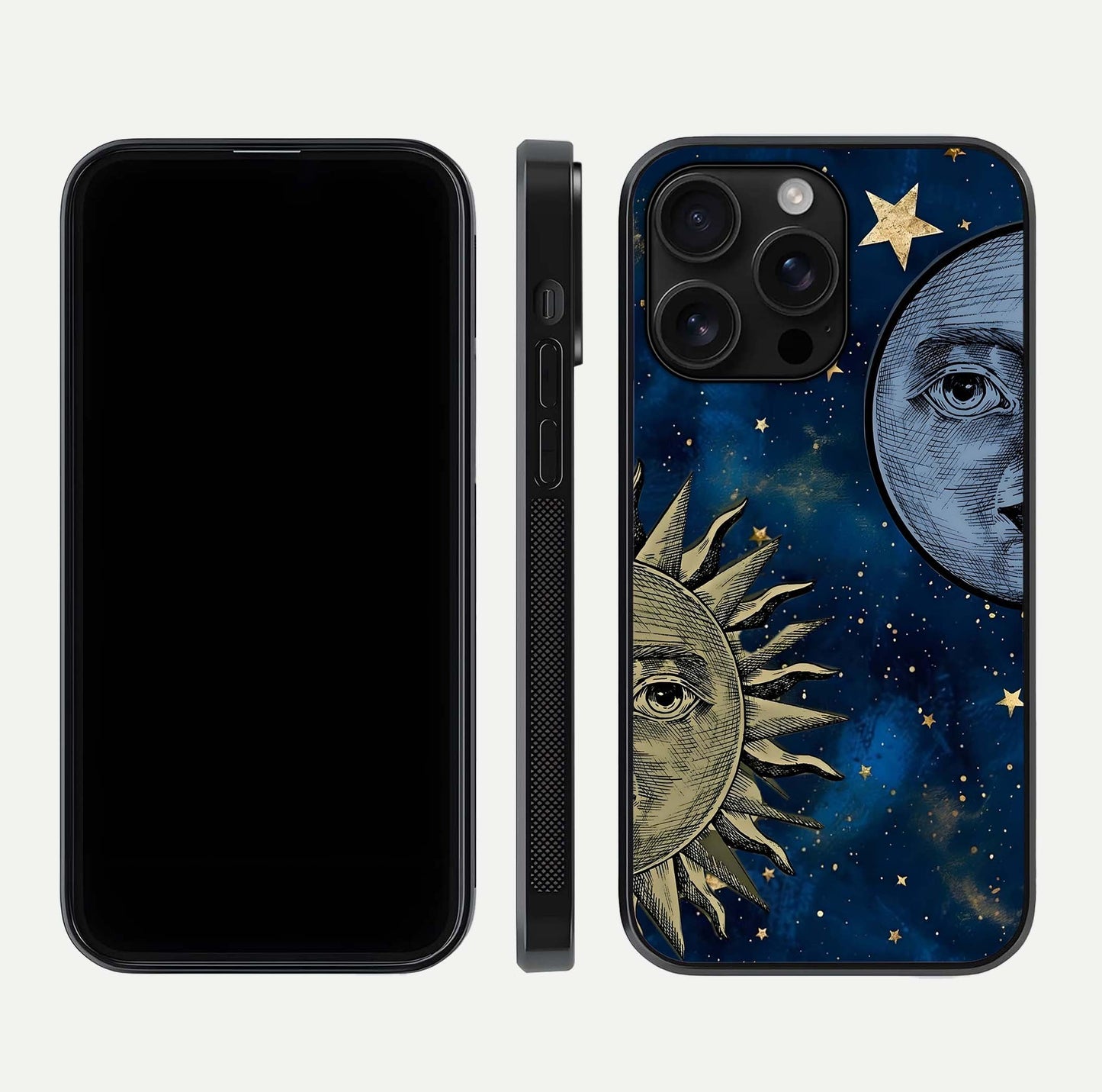 Celestial Moon With Sun Glass Case for iPhone 16 Pro Max dual-view layout showing luminous pattern and curved edges