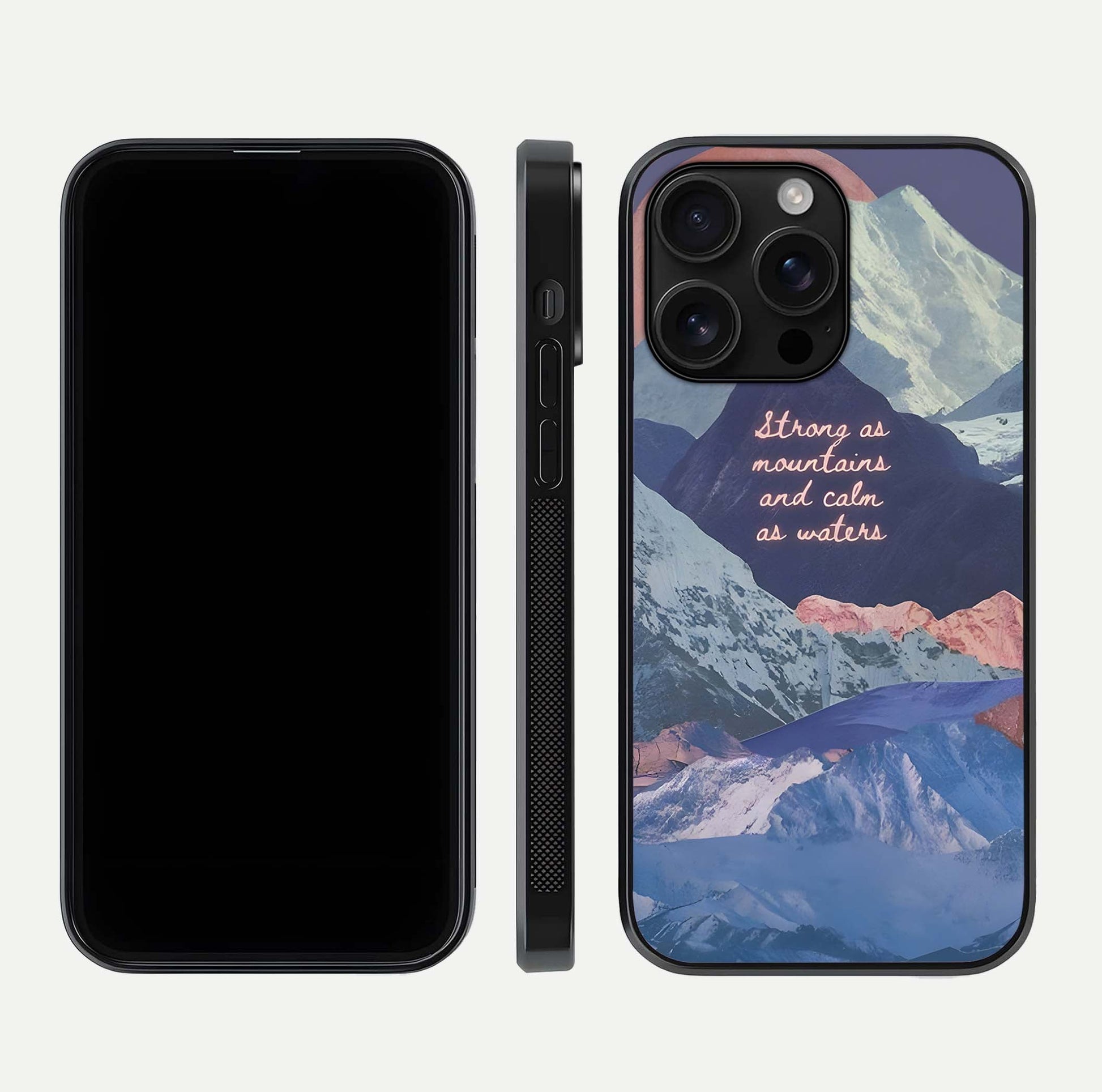 Celestial Mountain Calm Glass Case for iPhone 16 Pro Max dual-view layout displaying scenic tones and curved finish