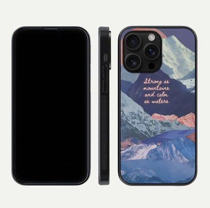 Celestial Mountain Calm Glass Case for iPhone 16 Pro Max dual-view layout displaying scenic tones and curved finish