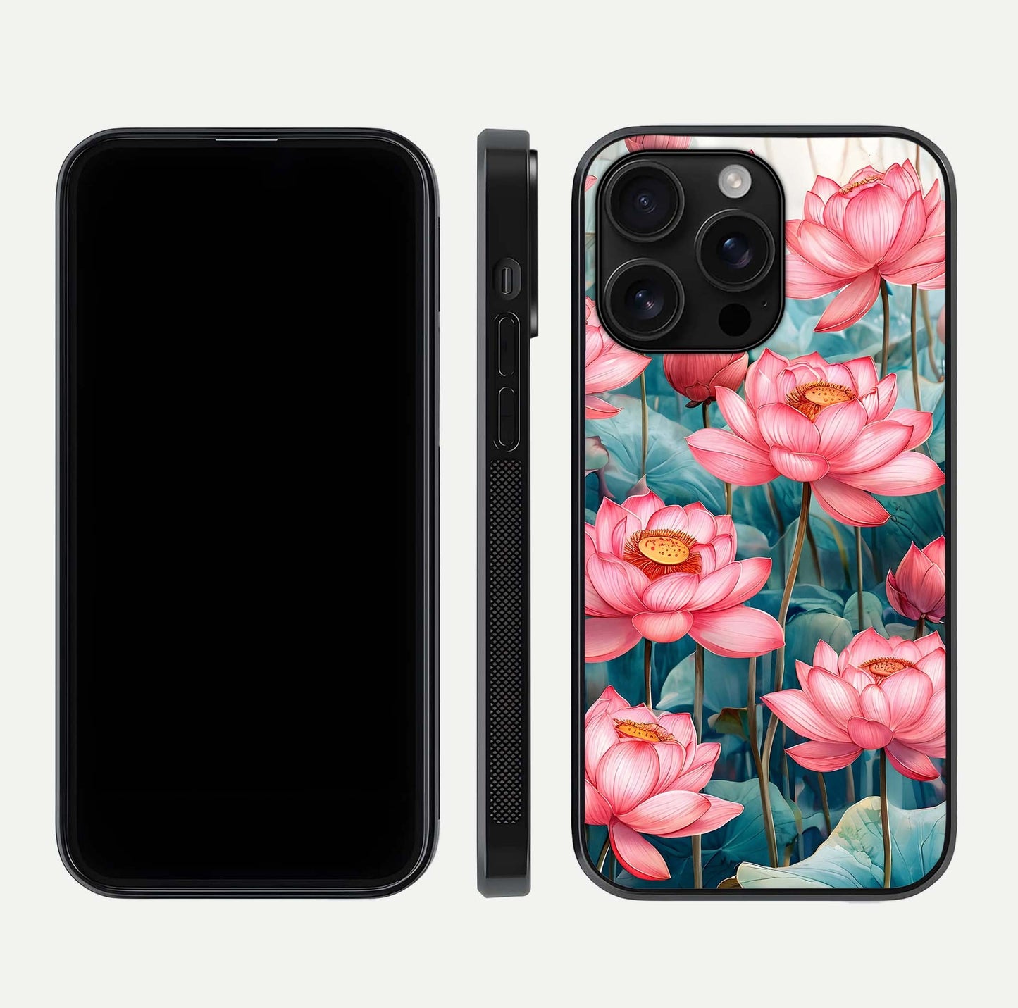 Celestial Pink Lotus Glass Case for iPhone 16 Pro Max dual-view layout showing floral center and smooth edges