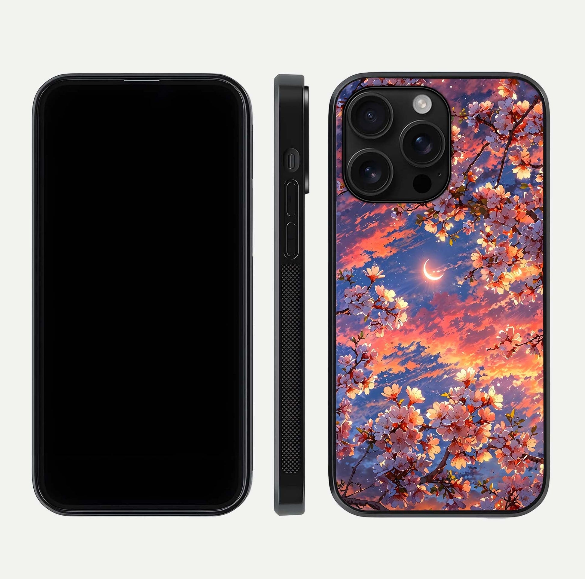 Celestial Sakura Sunset Glass Case for iPhone 16 Pro Max dual-view layout showing floral gradient and reflection polish