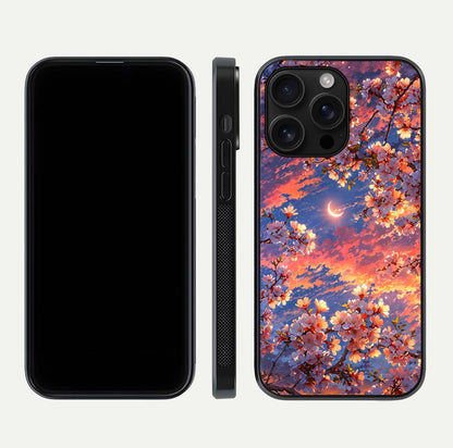 Celestial Sakura Sunset Glass Case for iPhone 16 Pro Max dual-view layout showing floral gradient and reflection polish