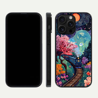 Celestial Train Journey Glass Case for iPhone 16 Pro Max dual-view layout showing cosmic art balance and curved glass edges