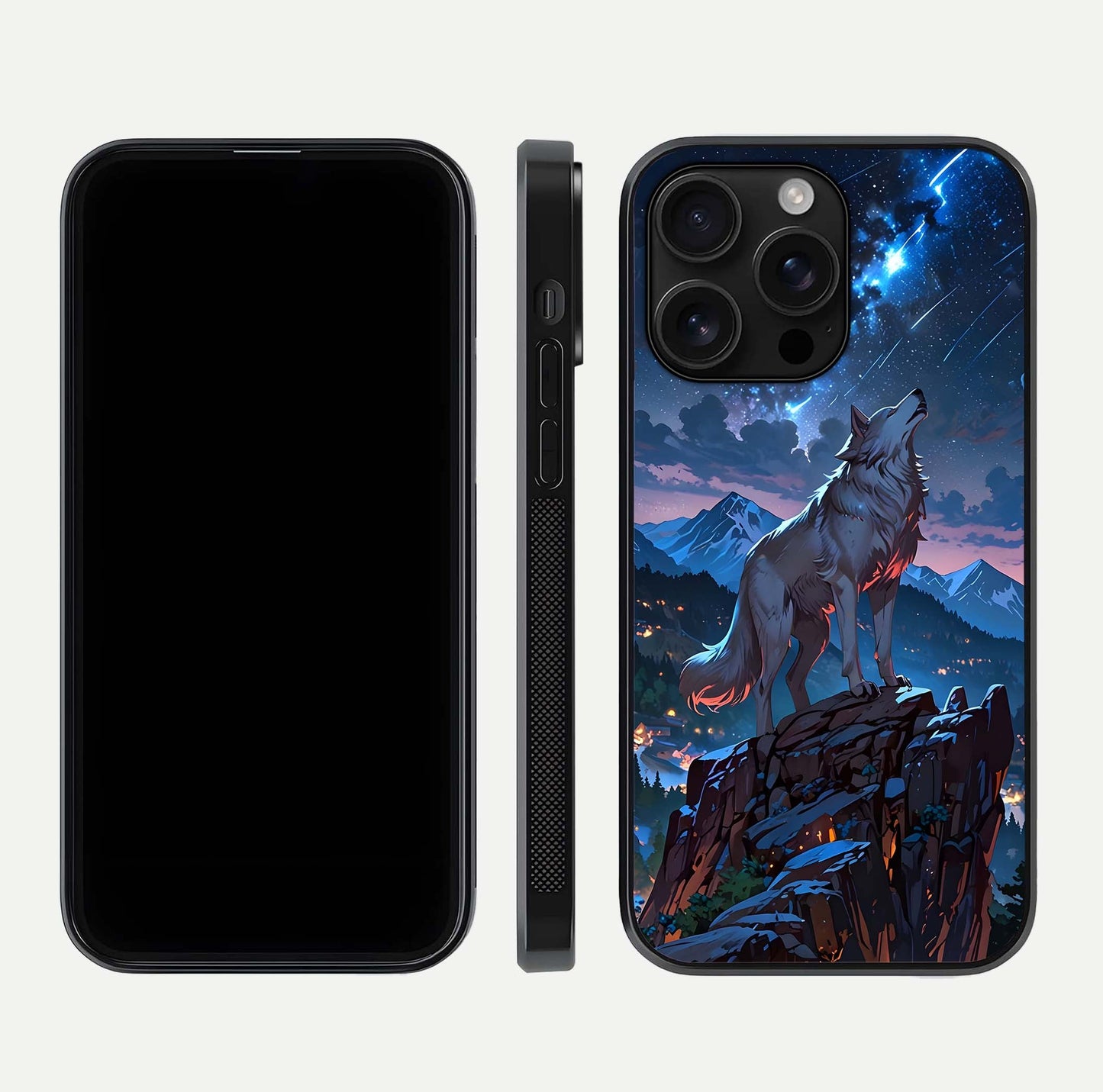 Celestial Wolf Howl Glass Case for iPhone 16 Pro Max dual-view layout displaying night tones and protective glass edges