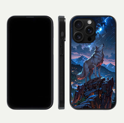 Celestial Wolf Howl Glass Case for iPhone 16 Pro Max dual-view layout displaying night tones and protective glass edges