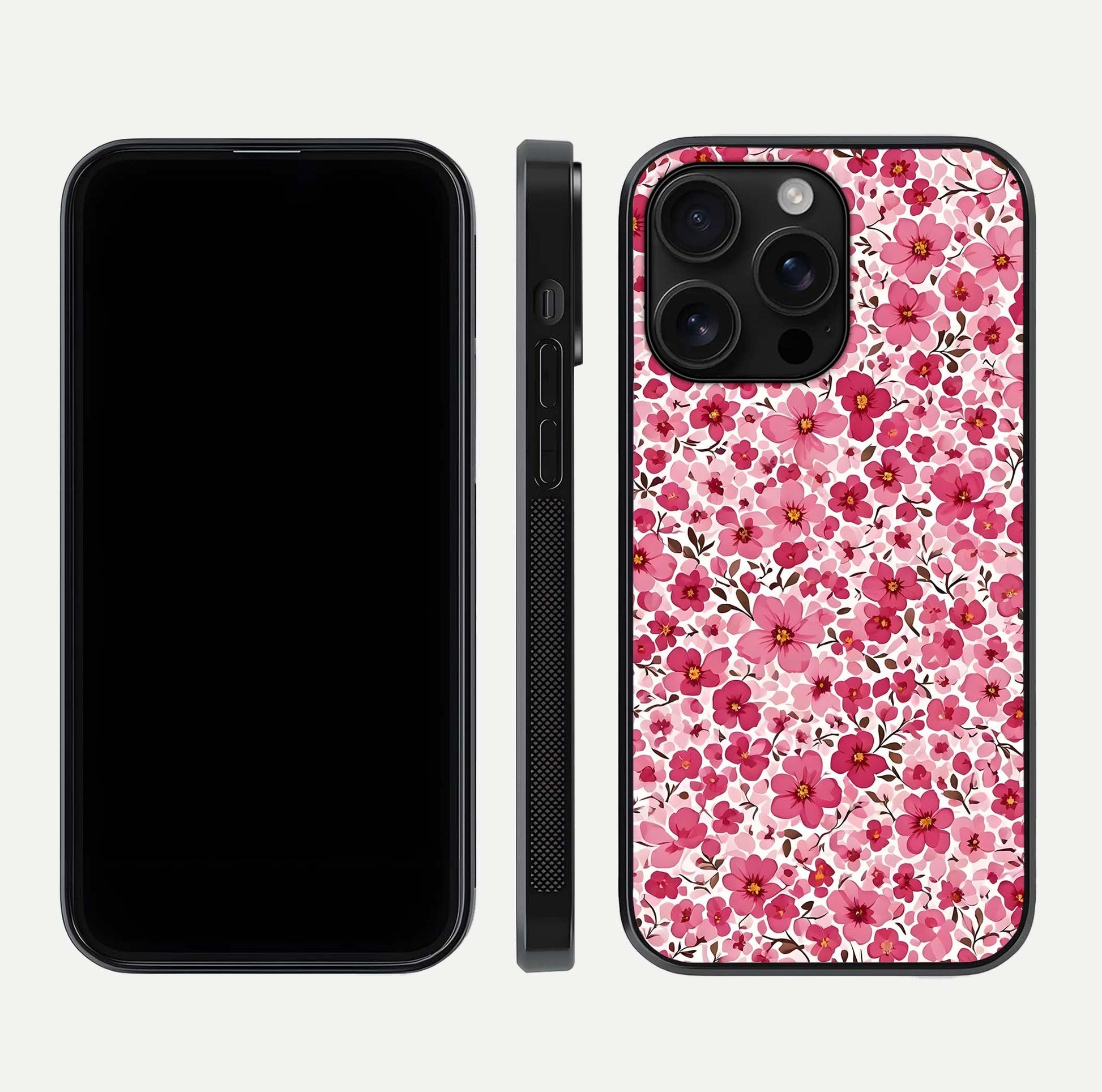 Cherry Blossom Charm Glass Case for iPhone 16 Pro Max dual-view layout showing elegant floral balance and HD gloss