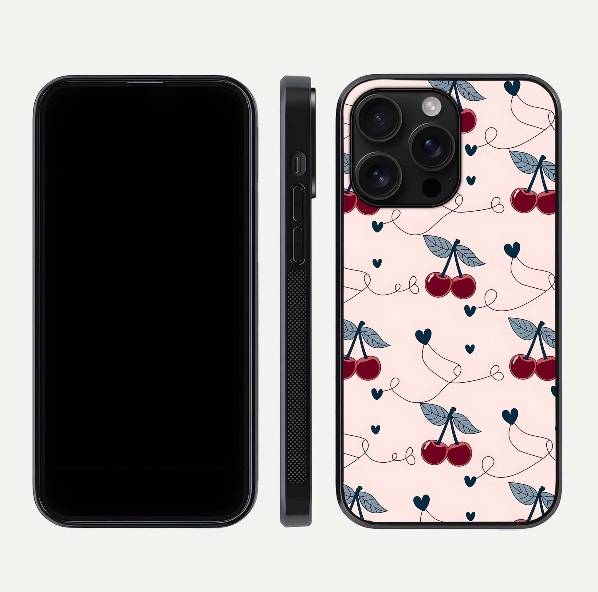 Cherry Heart Line Glass Case for iPhone 16 Pro Max dual-view layout displaying minimal cherry motif and edge design
