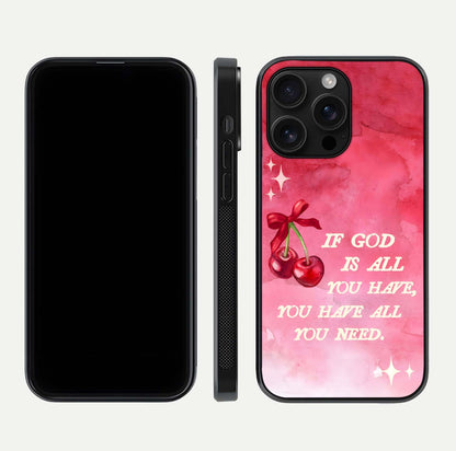 Cherry Quote Glass Case for iPhone 16 Pro Max dual-view layout showing red cherry tones and text balance