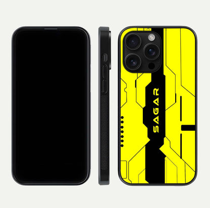 Circuit CYBERPUNK Custom Name Glass Case for iPhone 16 Pro Max dual-view layout showing bold tech art and edge clarity