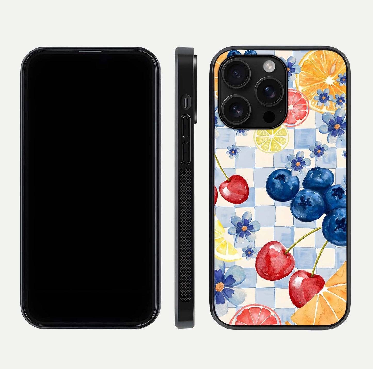 Citrus Bloom Joy Glass Case for iPhone 16 Pro Max dual-view layout displaying colorful print and smooth edges