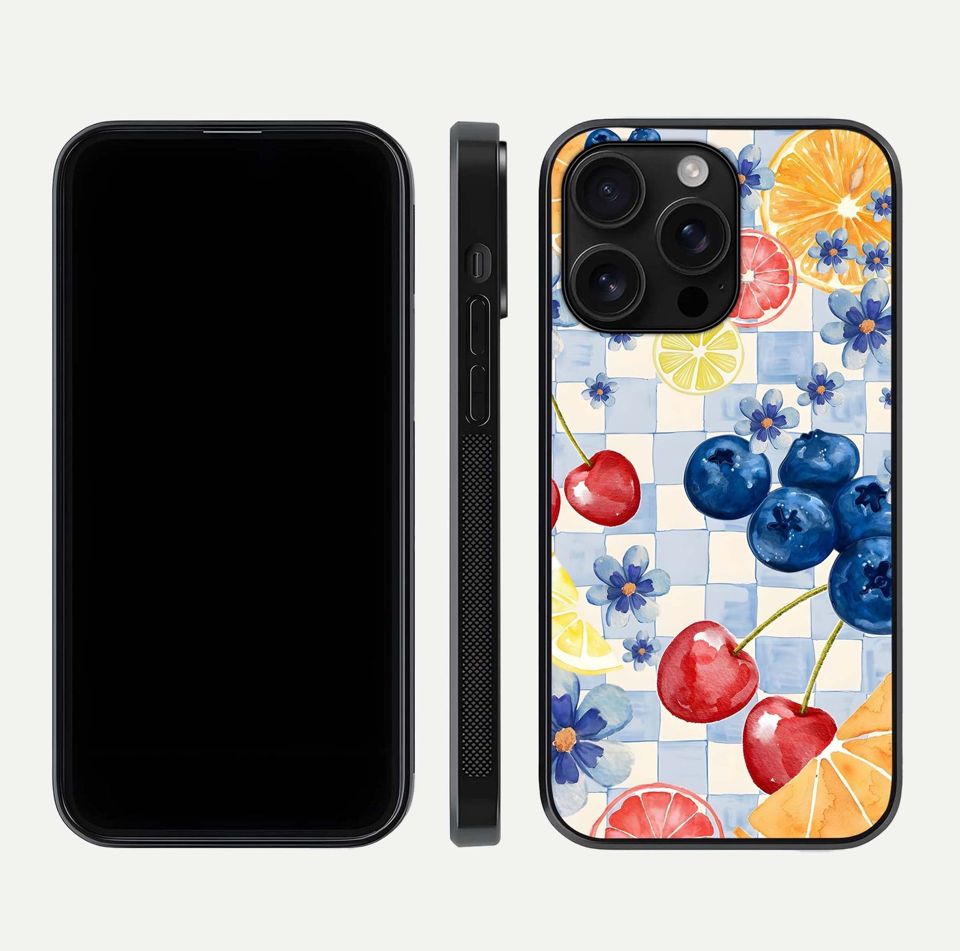 Citrus Bloom Joy Glass Case for iPhone 16 Pro Max dual-view layout displaying colorful print and smooth edges