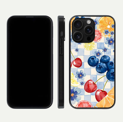 Citrus Bloom Joy Glass Case for iPhone 16 Pro Max dual-view layout displaying colorful print and smooth edges
