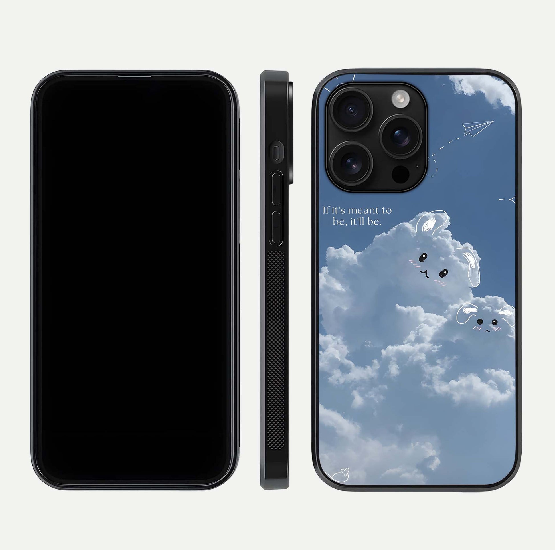 Cloud Bunny Dreams Glass Case for iPhone 16 Pro Max dual-view layout displaying aesthetic tones and smooth polish