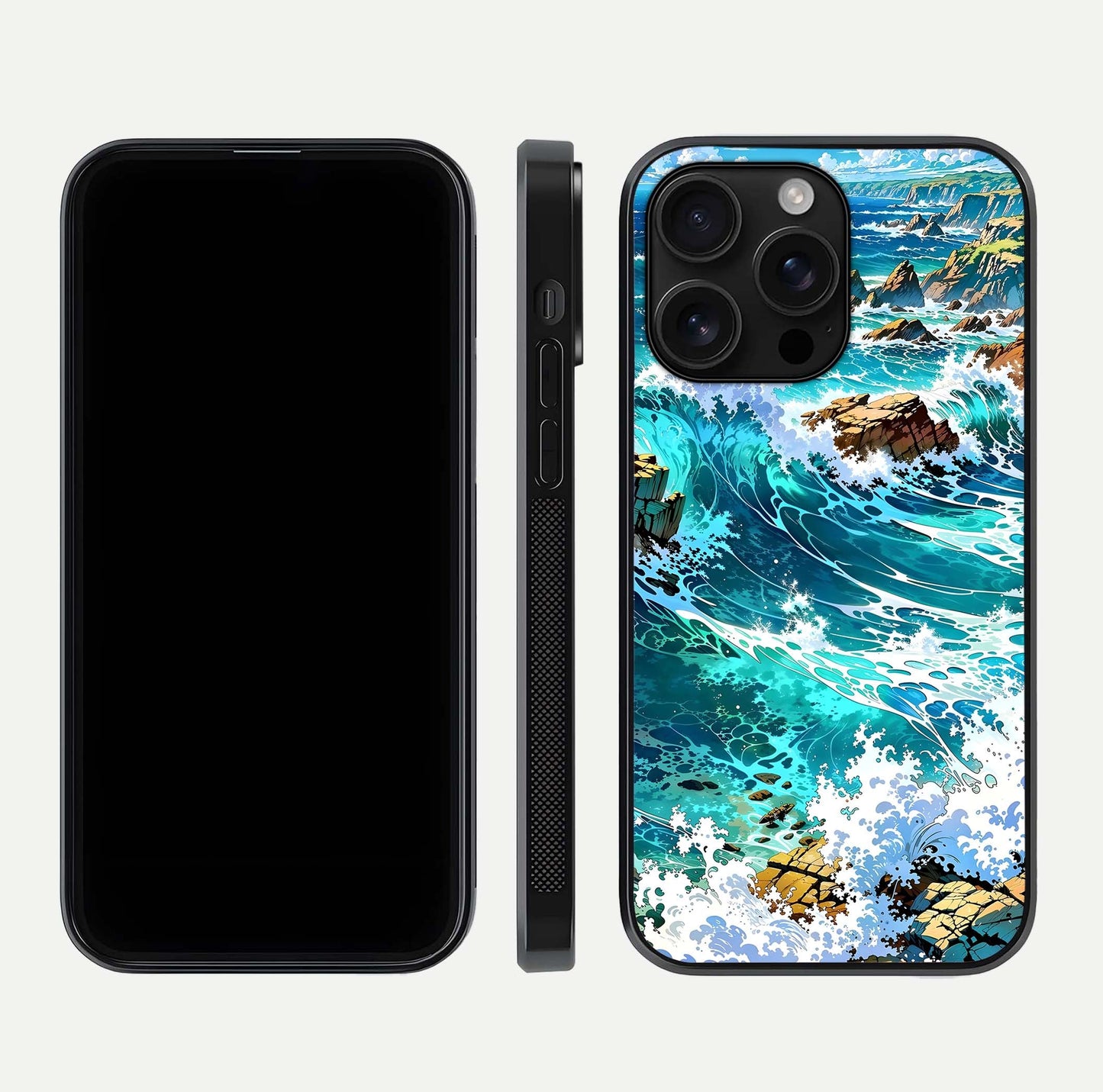 Coastal Blue Waves Glass Case for iPhone 16 Pro Max dual-view layout displaying sea tones and curved finish