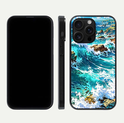 Coastal Blue Waves Glass Case for iPhone 16 Pro Max dual-view layout displaying sea tones and curved finish