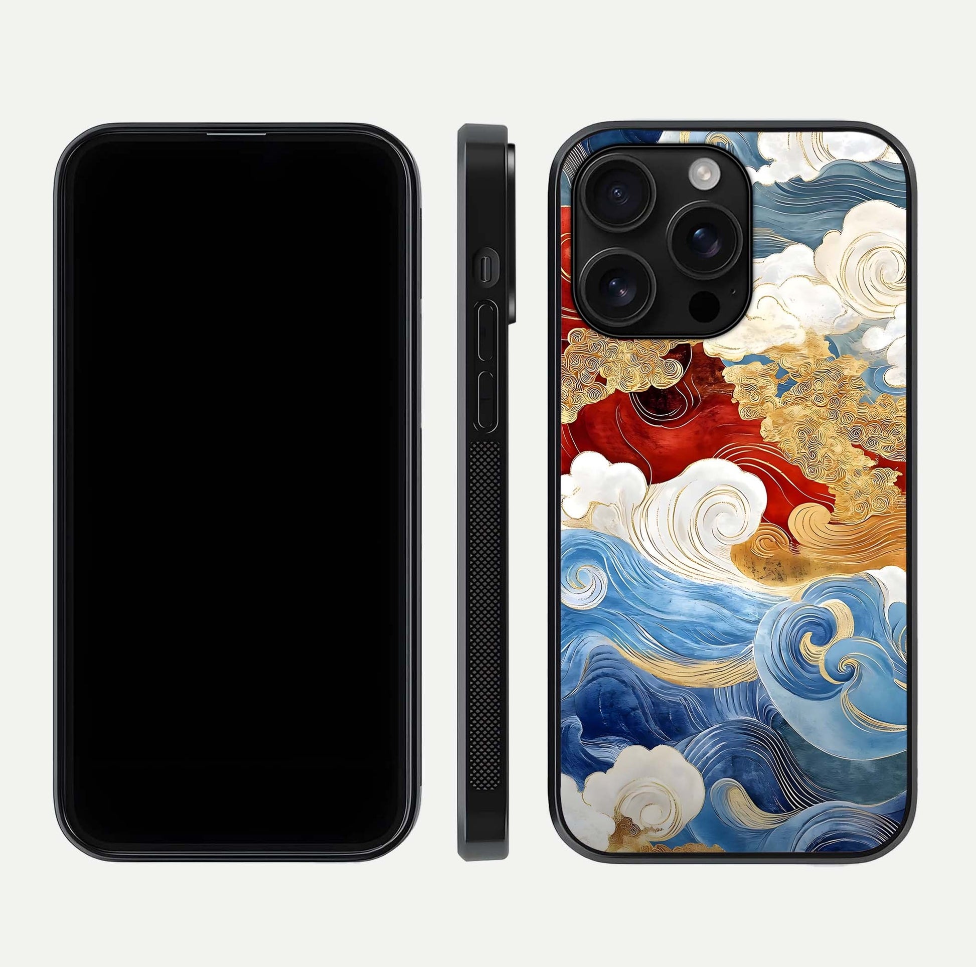 Colored Waves Glass Case for iPhone 16 Pro Max front & back layout showing smooth edges and vivid print tones