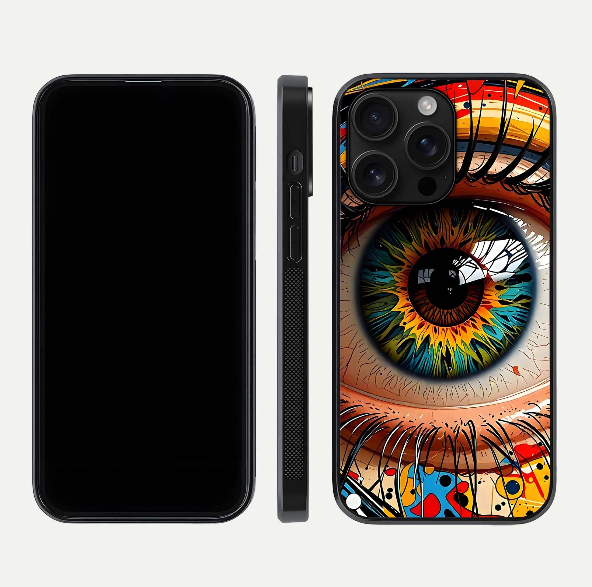 Colorful Eye Glass Case for iPhone 16 Pro Max dual-view layout displaying vivid tones and smooth glass edges