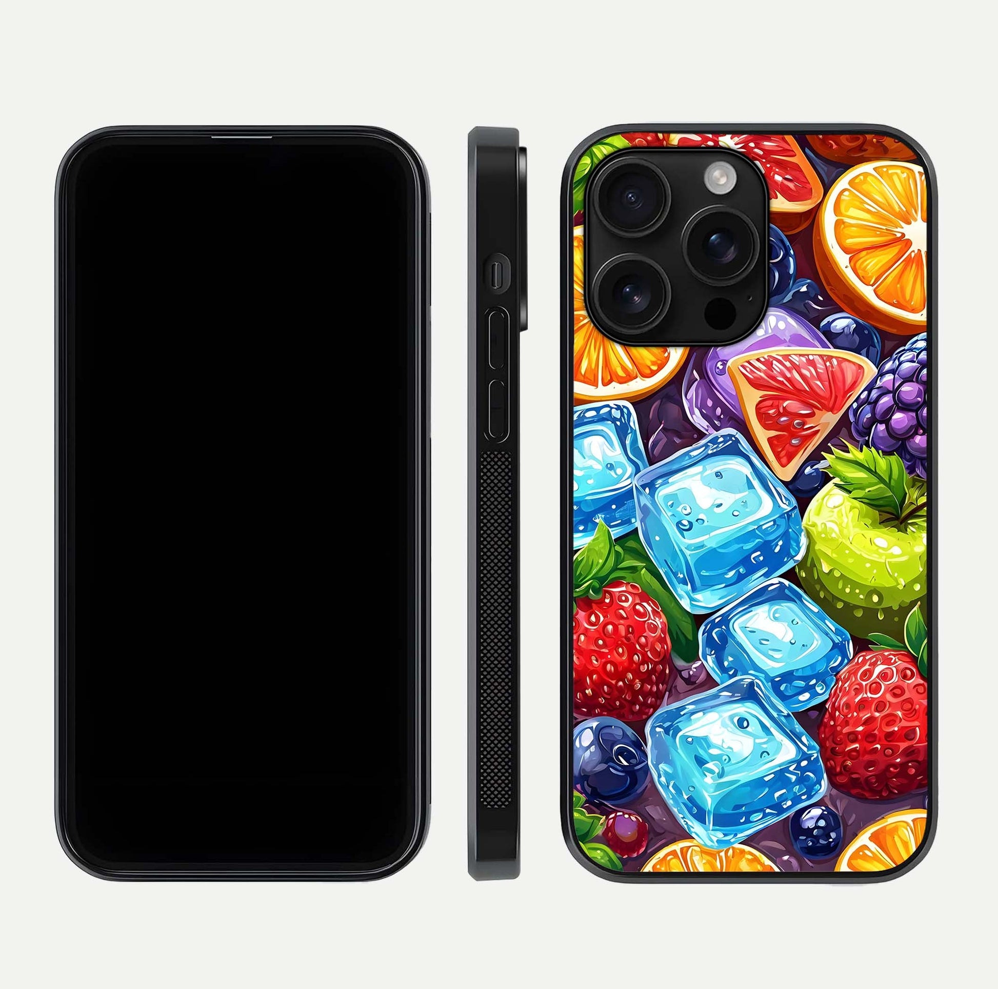 Colorful Fruits with Ice Glass Case for iPhone 16 Pro Max dual-view layout showing fresh tones and polished edges