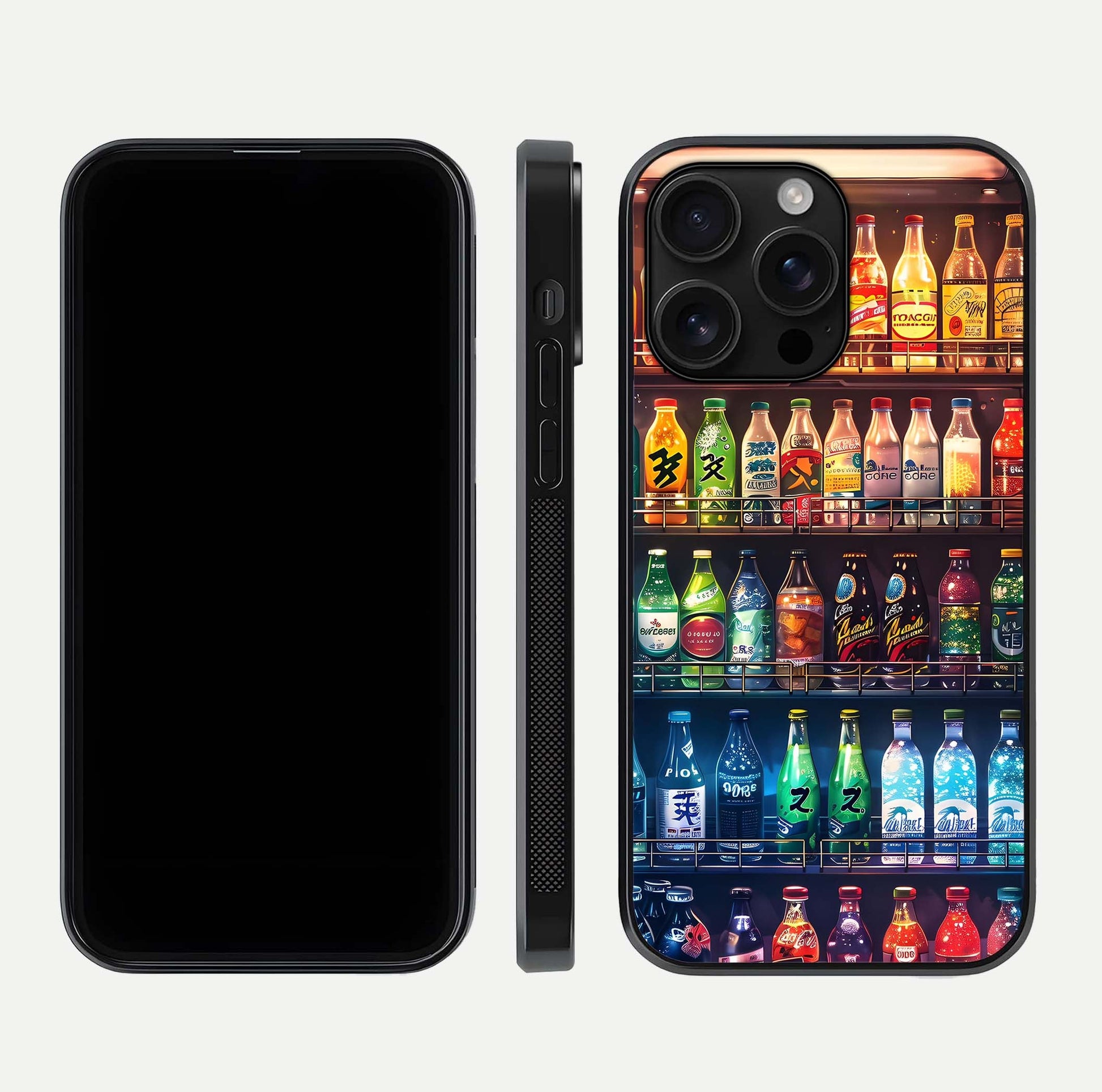 Colorful Soda Bottles Glass Case for iPhone 16 Pro Max dual-view layout displaying playful tones and gloss clarity