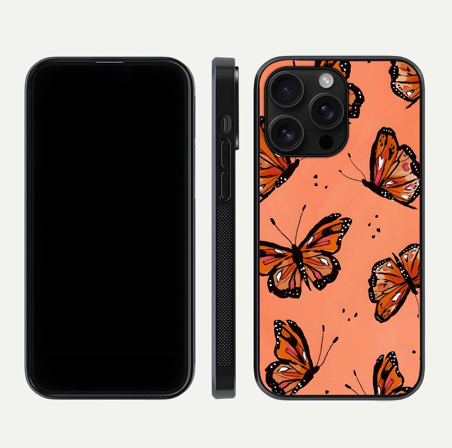 Coral Wing Butterfly Glass Case for iPhone 16 Pro Max dual-view layout displaying soft floral tones and curved edges