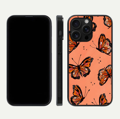 Coral Wing Butterfly Glass Case for iPhone 16 Pro Max dual-view layout displaying soft floral tones and curved edges
