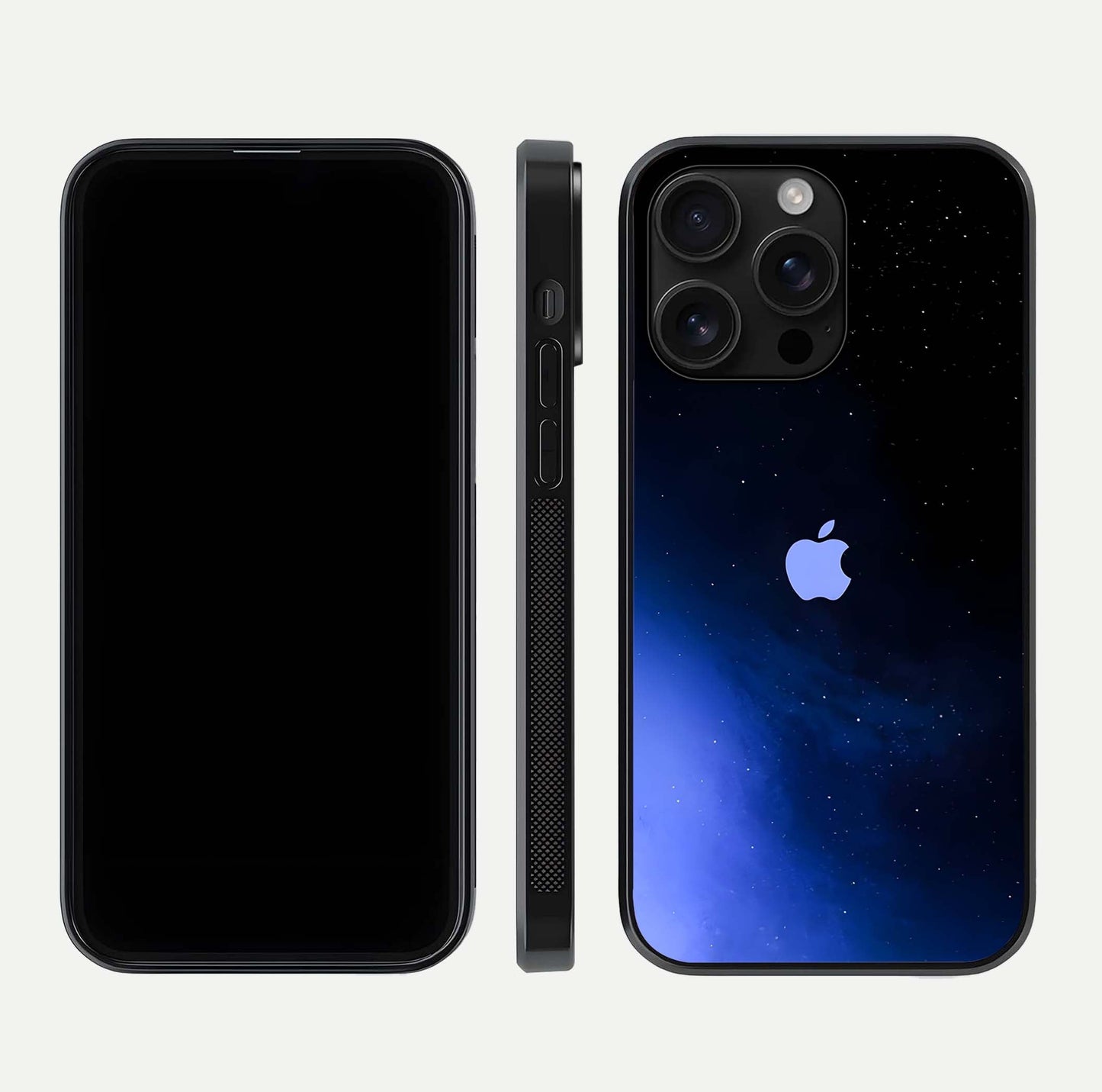 Cosmic Blue Apple Glass Case for iPhone 16 Pro Max dual-view layout displaying cosmic tones and glass edges