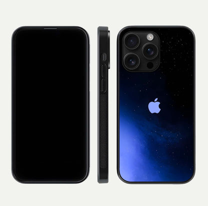 Cosmic Blue Apple Glass Case for iPhone 16 Pro Max dual-view layout displaying cosmic tones and glass edges