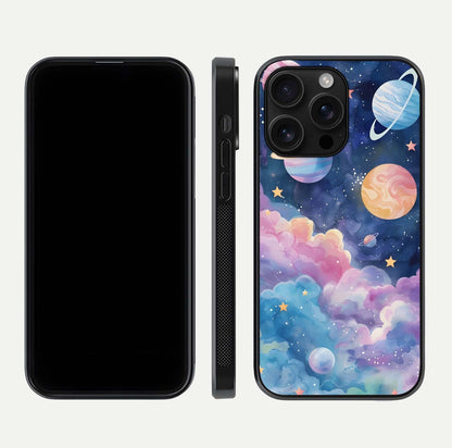 Cosmic Planet Dreams Glass Case for iPhone 16 Pro Max dual-view layout displaying galaxy colors and curved finish