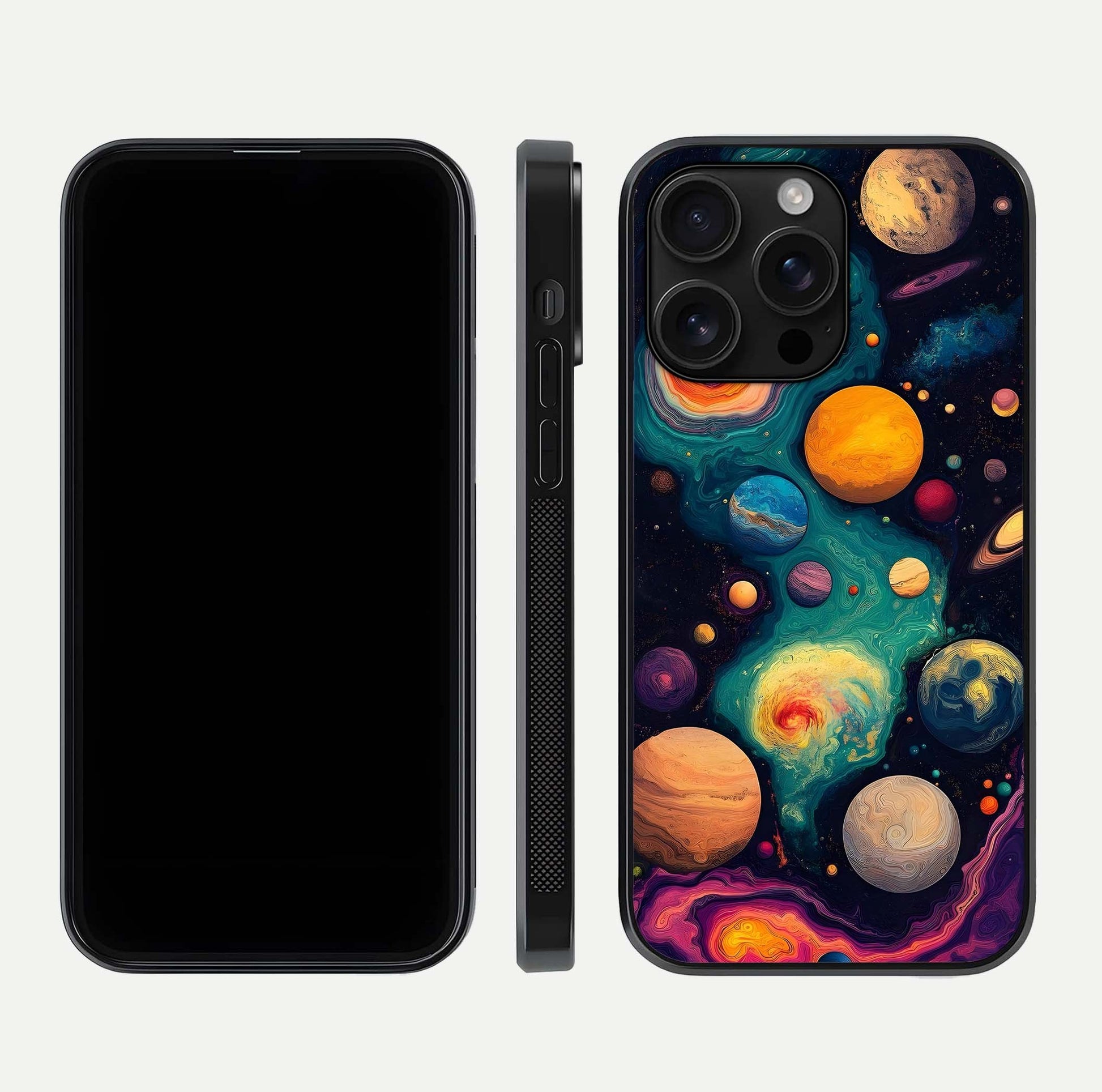 Cosmic Planet Journey Glass Case for iPhone 16 Pro Max dual-view layout displaying colorful cosmic balance