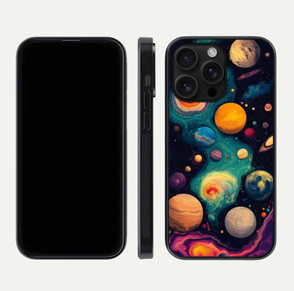Cosmic Planet Journey Glass Case for iPhone 16 Pro Max dual-view layout displaying colorful cosmic balance