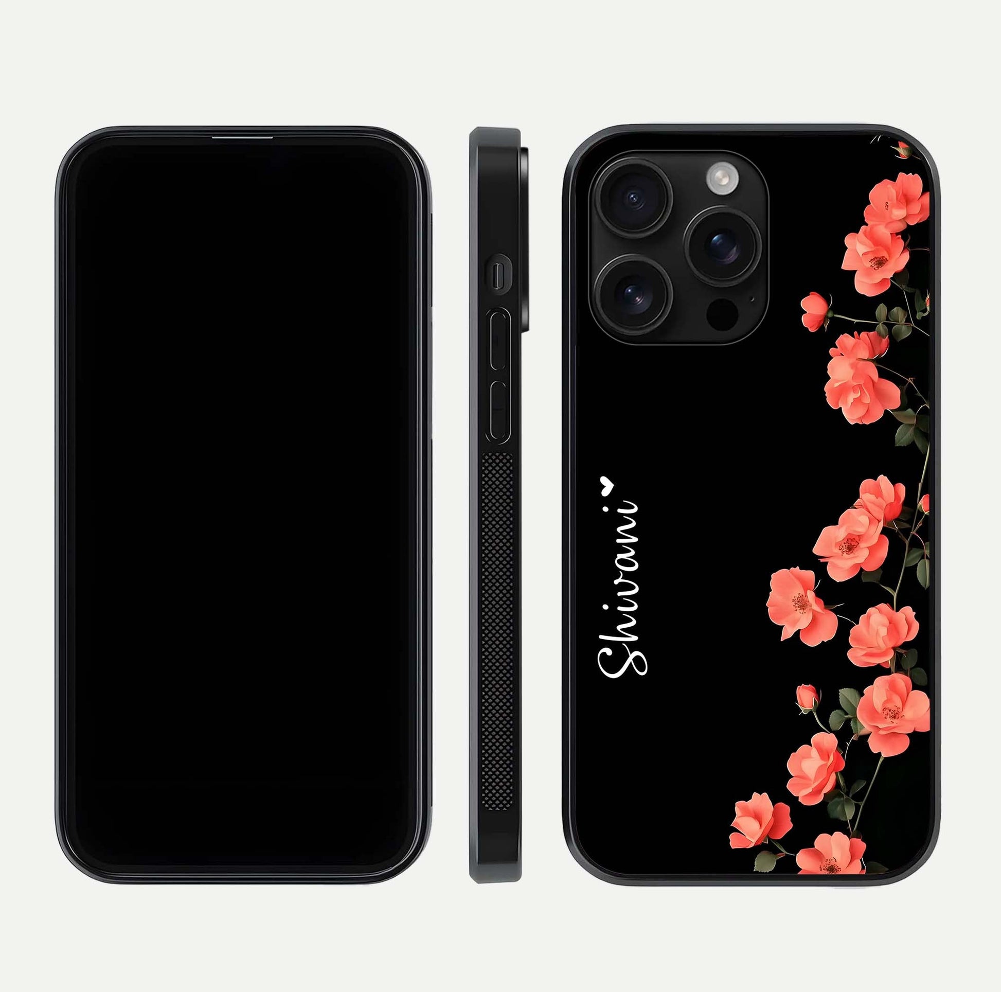 Crimson Bloom Grace Custom Name Glass Case for iPhone 16 Pro Max dual-view layout displaying custom text and smooth curved edges