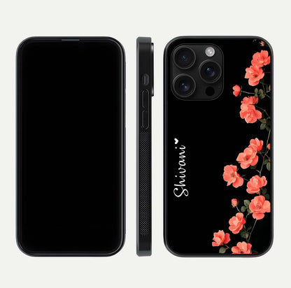 Crimson Bloom Grace Custom Name Glass Case for iPhone 16 Pro Max dual-view layout displaying custom text and smooth curved edges