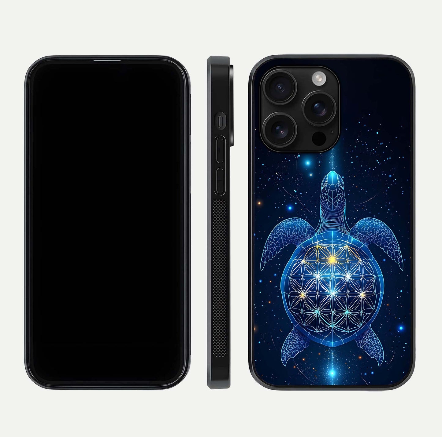 Crimson Blue Turtle Glass Case for iPhone 16 Pro Max dual-view layout displaying ocean tones and HD finish