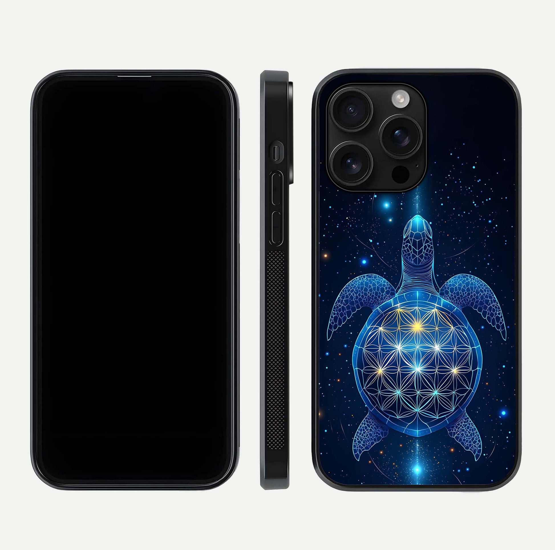 Crimson Blue Turtle Glass Case for iPhone 16 Pro Max dual-view layout displaying ocean tones and HD finish