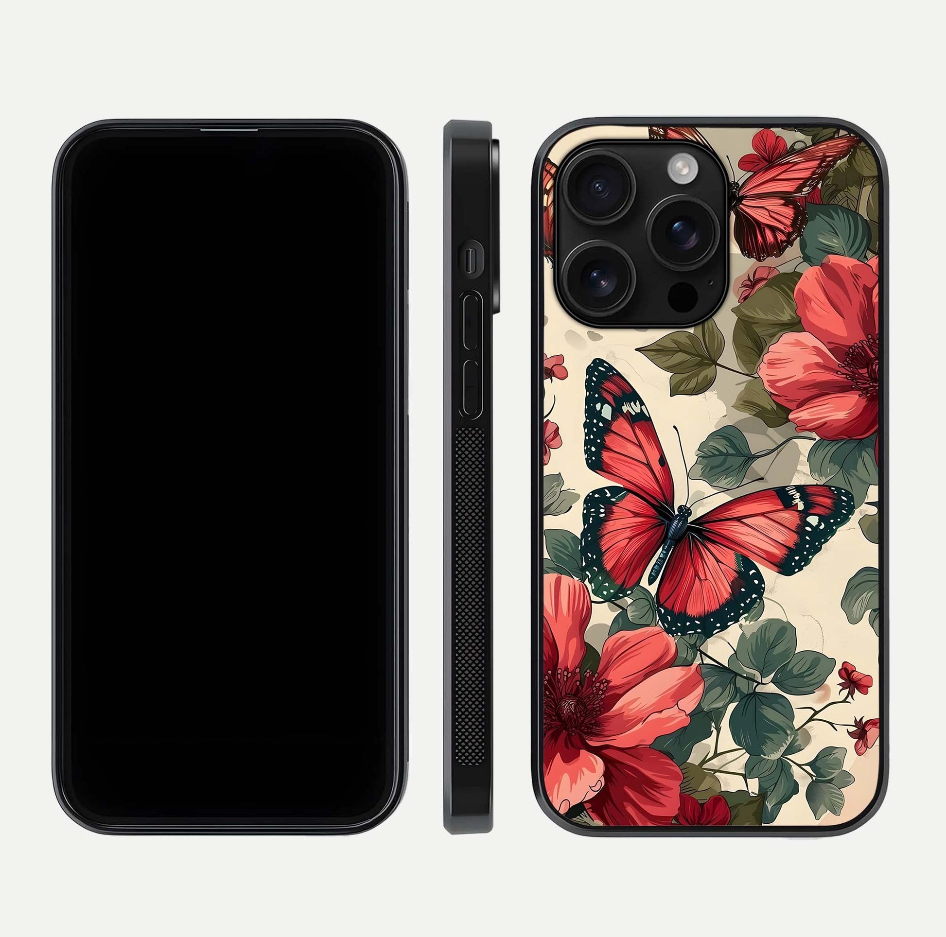 Crimson Butterfly Garden Glass Case for iPhone 16 Pro Max dual-view layout displaying floral patterns and edge finish