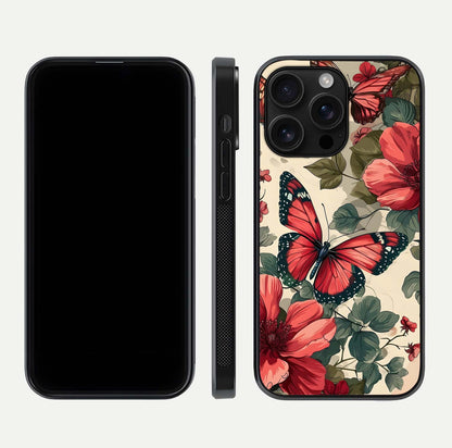 Crimson Butterfly Garden Glass Case for iPhone 16 Pro Max dual-view layout displaying floral patterns and edge finish