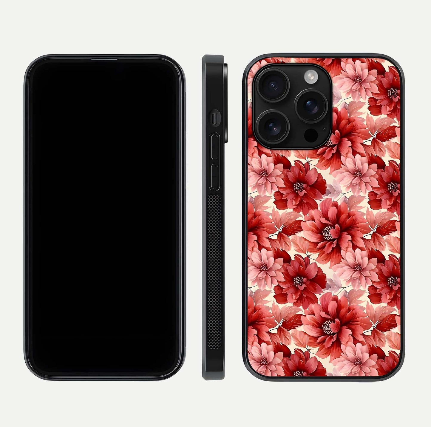 Crimson Love Petals Glass Case for iPhone 16 Pro Max dual-view layout displaying floral charm and curved glass