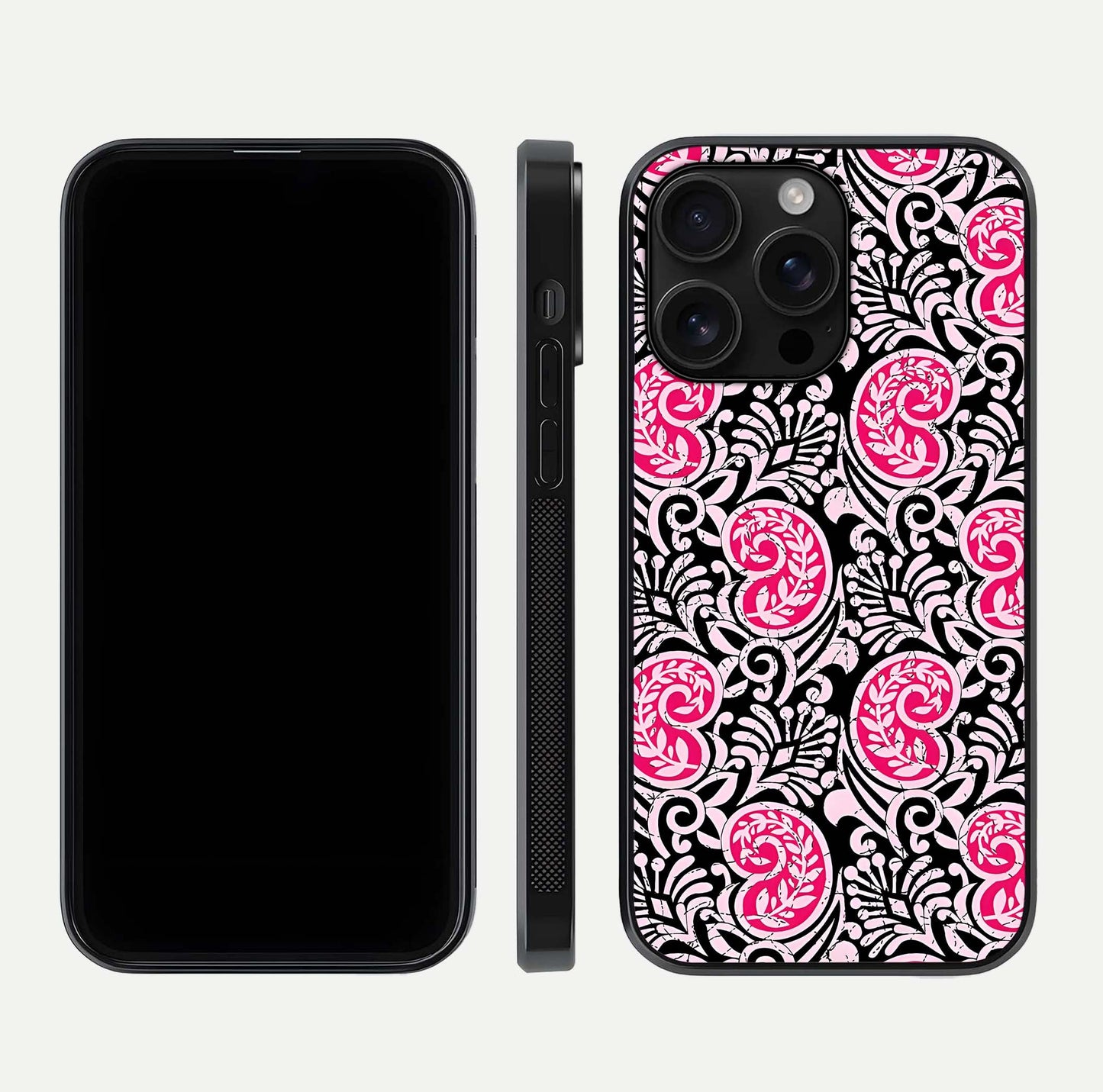 Crimson Paisley Charm Glass Case for iPhone 16 Pro Max dual-view layout displaying HD print and curved polish