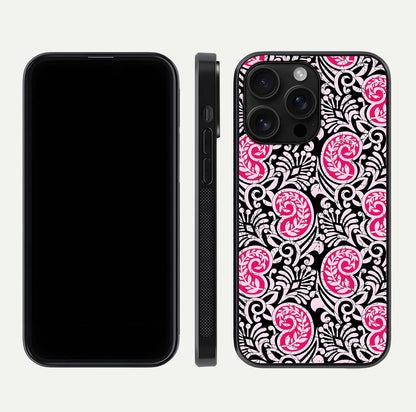 Crimson Paisley Charm Glass Case for iPhone 16 Pro Max dual-view layout displaying HD print and curved polish